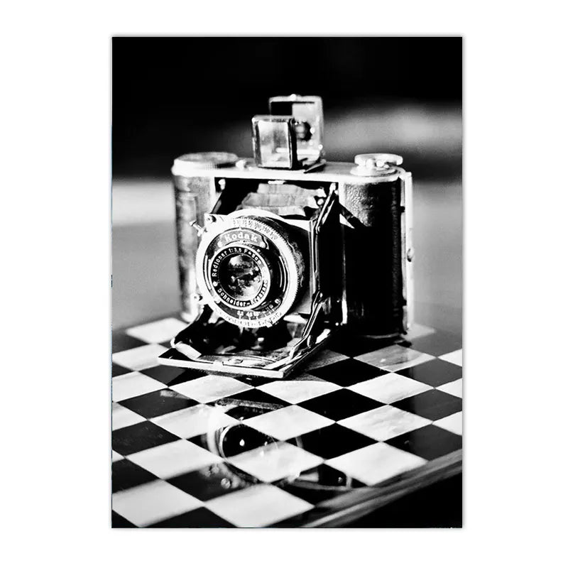 black and white new york themed still life canvas with guitar and camera