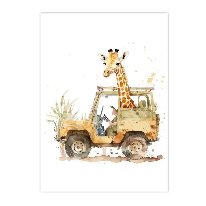 watercolor jungle animals lion elephant giraffe hippo nursery canvas