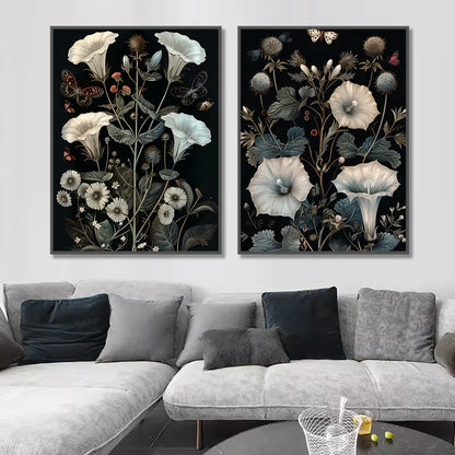 Vintage botanical butterfly with morning glory and ferns canvas