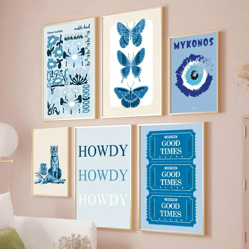 Coastal cowgirl beach aesthetic canvas wall art in light blue