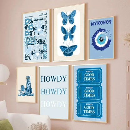 Coastal cowgirl beach aesthetic canvas wall art in light blue