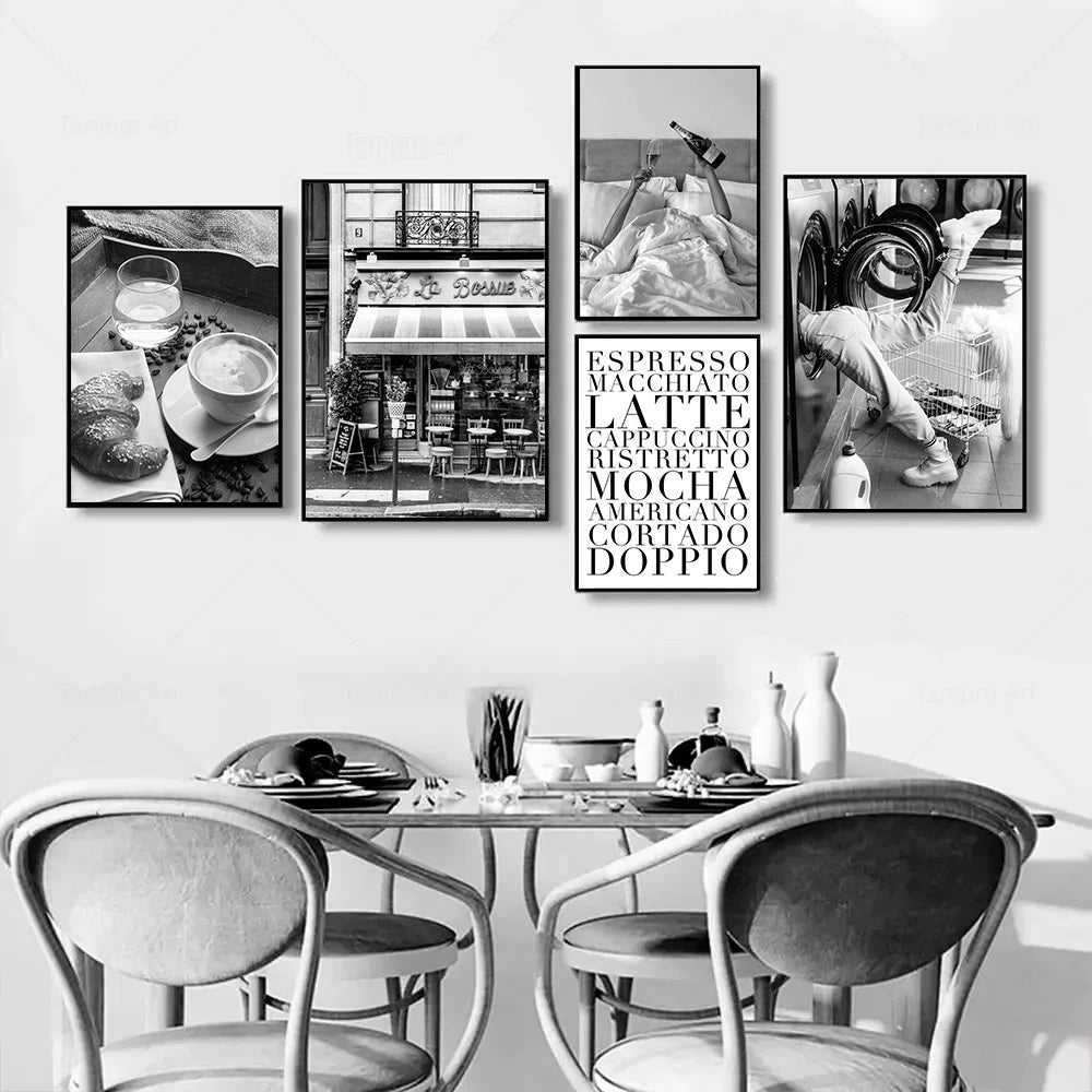 black and white fashion woman holding drink canvas wall art