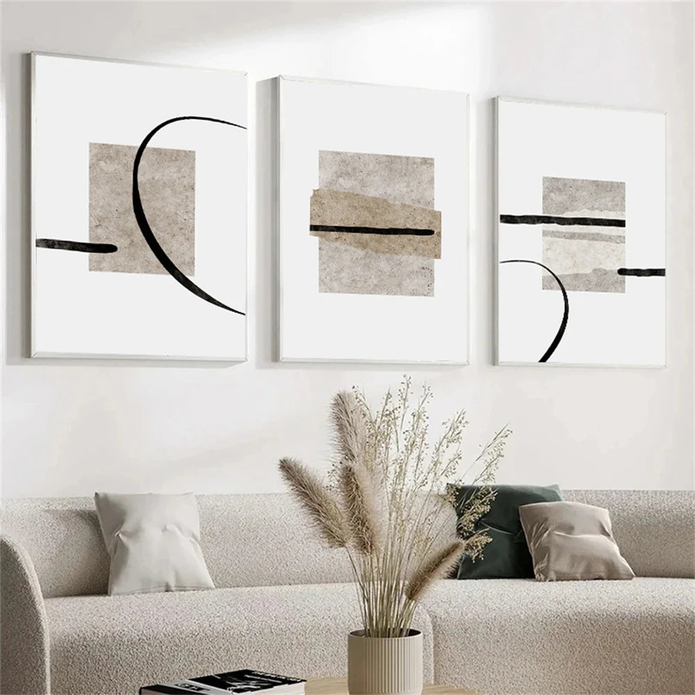 minimalist beige and black color block abstract line canvas