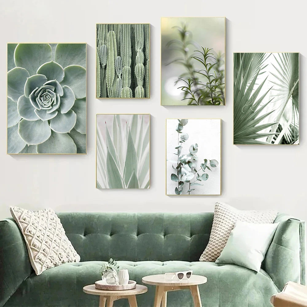 botanical canvas with succulents cactus and green leaves