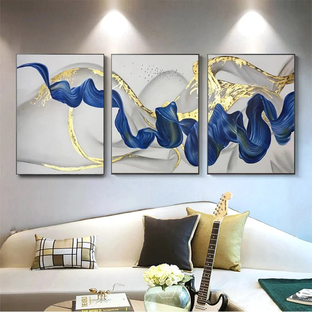 Three-panel blue and gold abstract wave canvas wall art