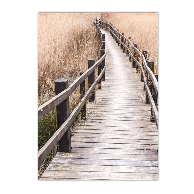 dried flowers with reeds, bridge and lake bird Nordic canvas wall art