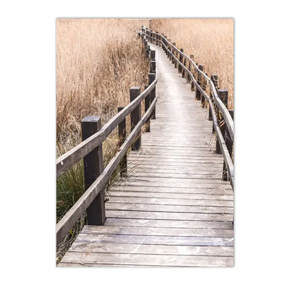 dried flowers with reeds, bridge and lake bird Nordic canvas wall art