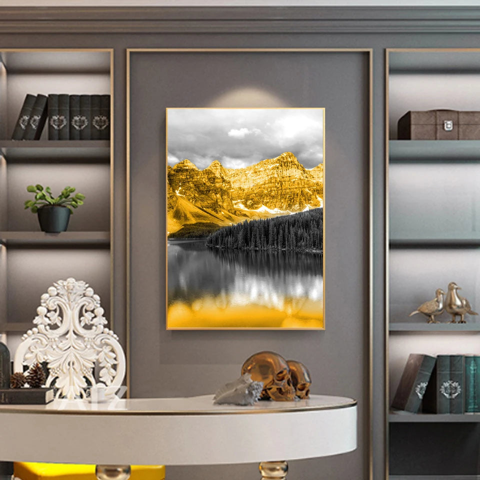 Three-piece golden snow mountain and lake landscape canvas set