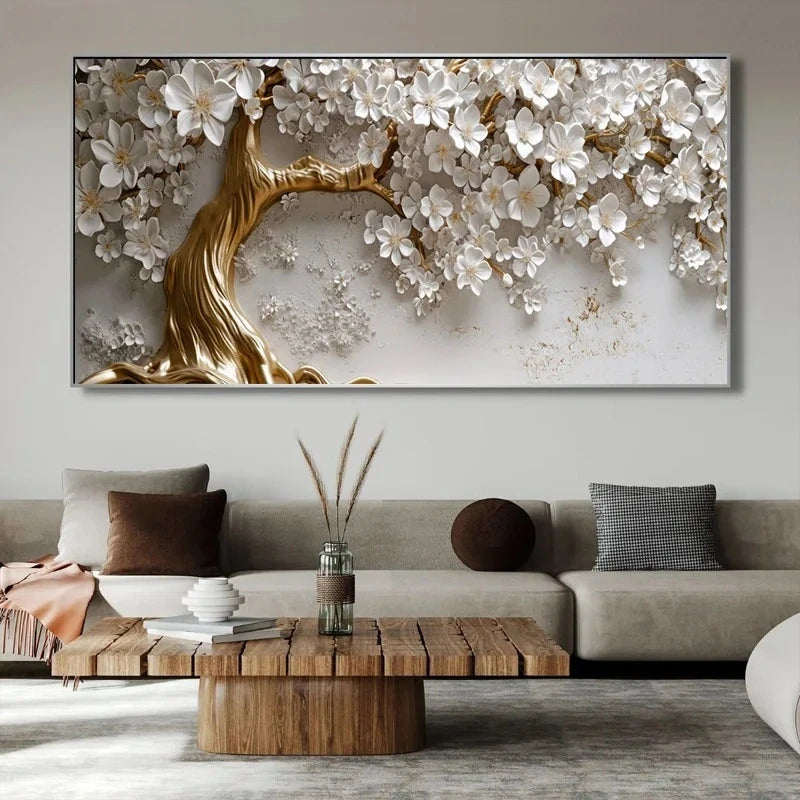 unframed abstract flowering tree canvas in gold and white