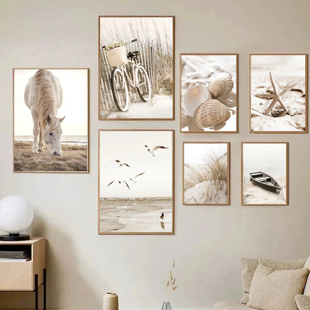 beige coastal collage with starfish shells boat bike and horse