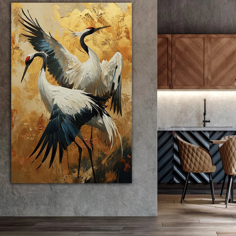 elegant two cranes art deco frameless canvas print