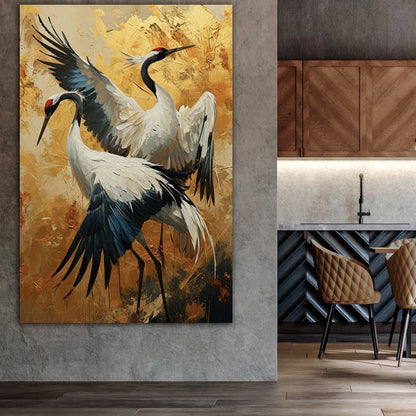 elegant two cranes art deco frameless canvas print