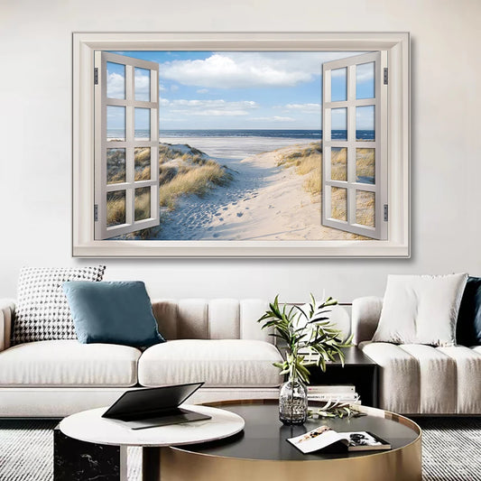 Nordic 3D Window View Beach Canvas