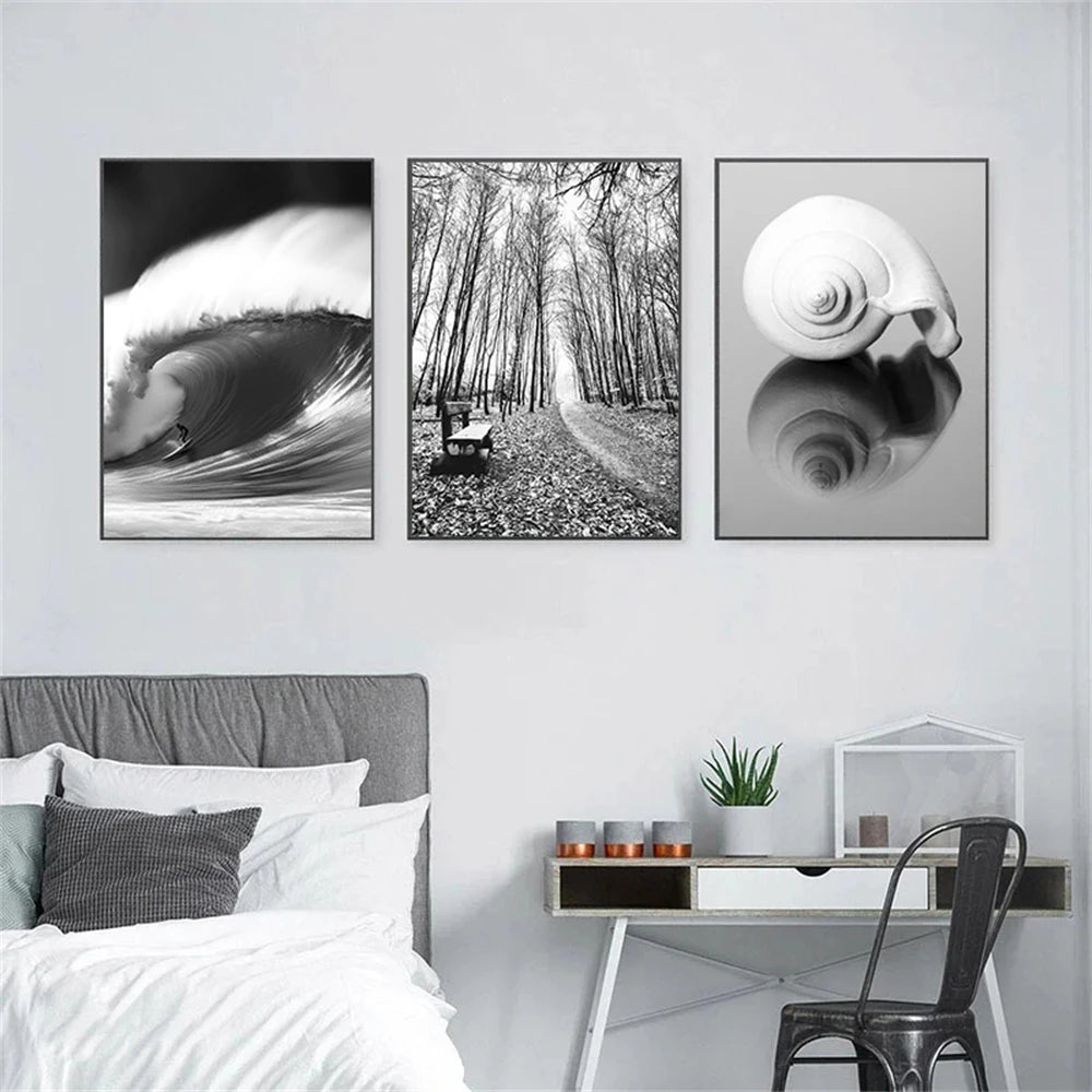 black and white coastal bridge boat palm sea waves nordic canvas