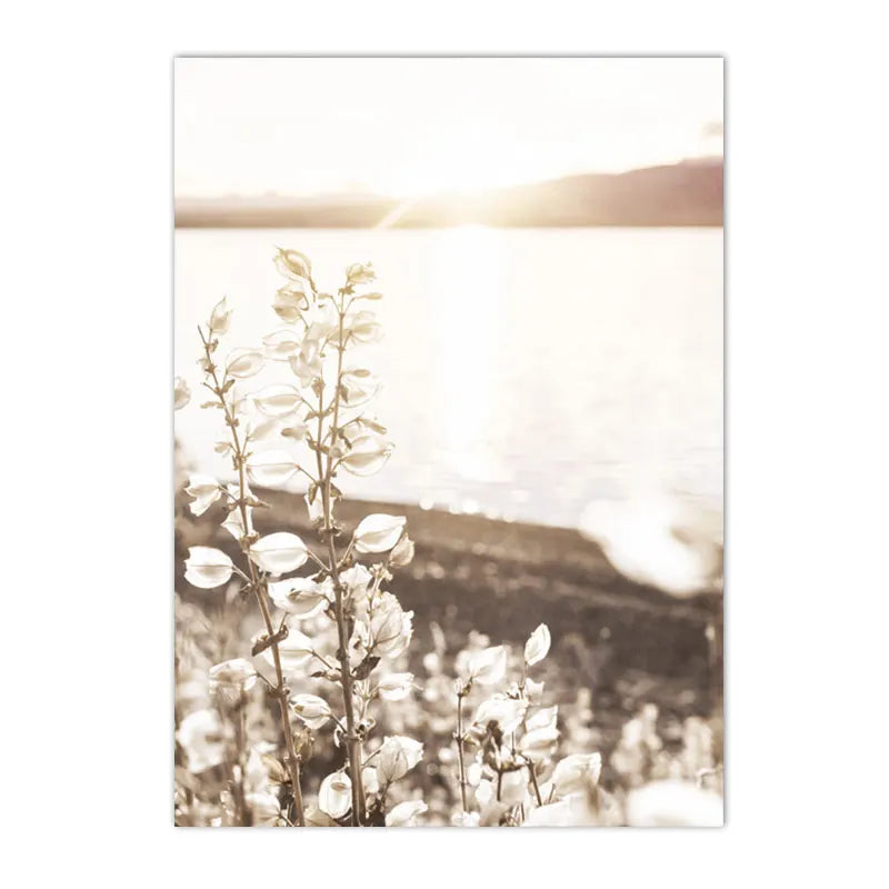 spring lake sunrise with reed grass and tree Nordic canvas wall art