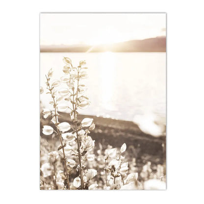 spring lake sunrise with reed grass and tree Nordic canvas wall art