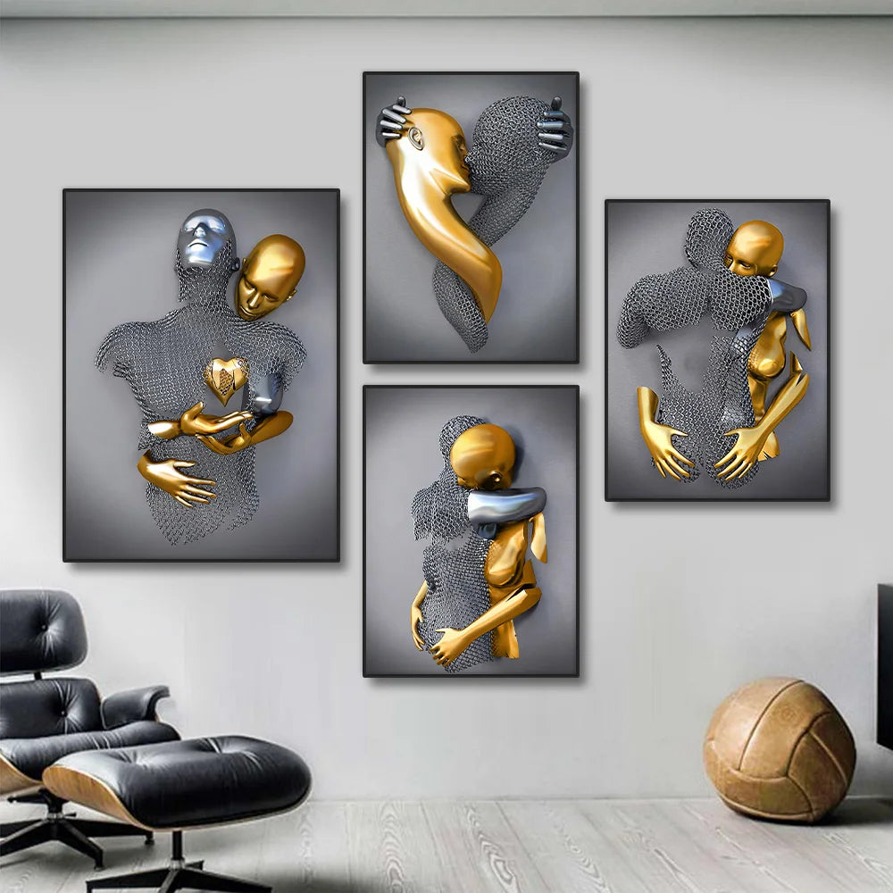 golden lovers metal statue abstract romantic canvas wall art