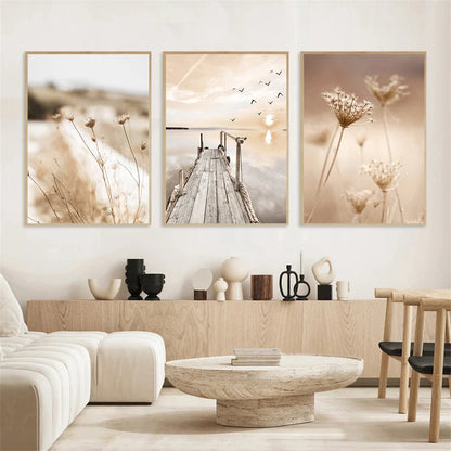 beige reed grass landscape with bridge nordic canvas
