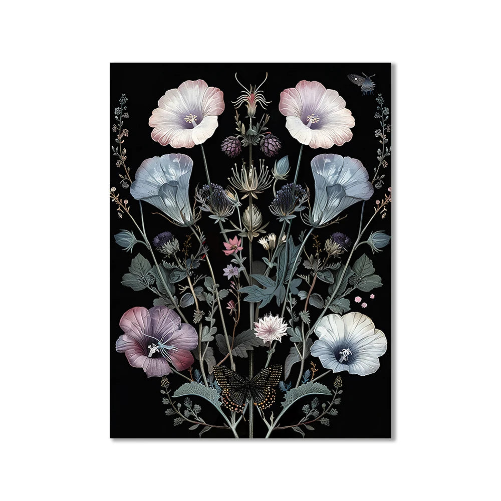 Vintage botanical butterfly with morning glory and ferns canvas
