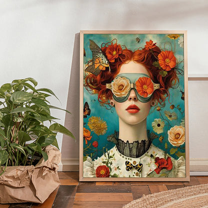 Framed artwork of a woman with red hair and floral accessories on a wall.