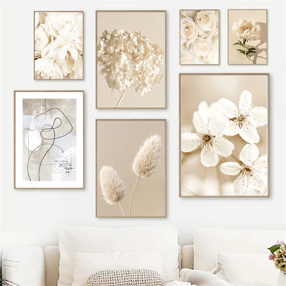 beige floral canvas with roses peonies and pampas grass