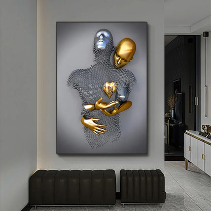 golden lovers metal statue abstract romantic canvas wall art