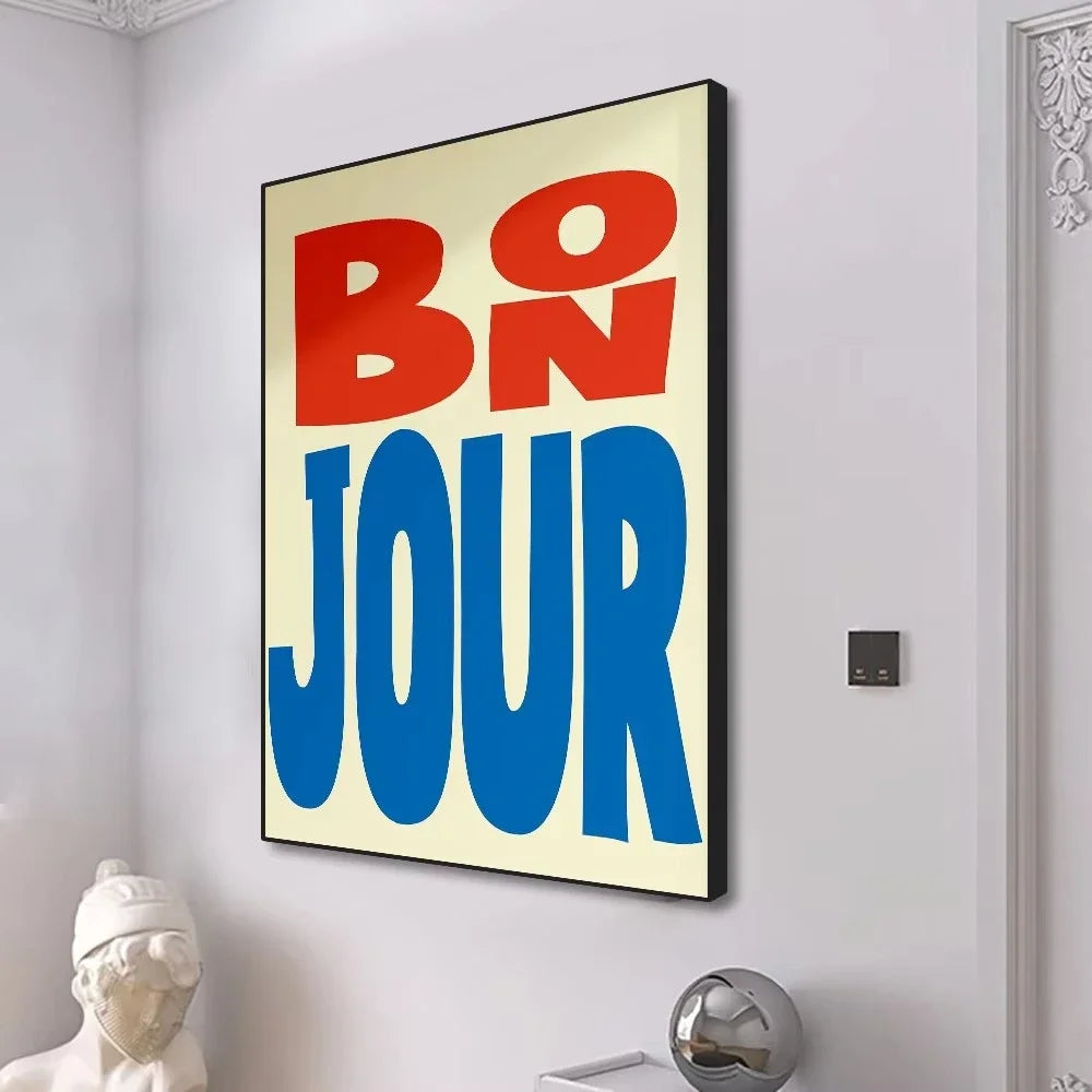 colorful “bonjour” French greeting quote canvas wall art