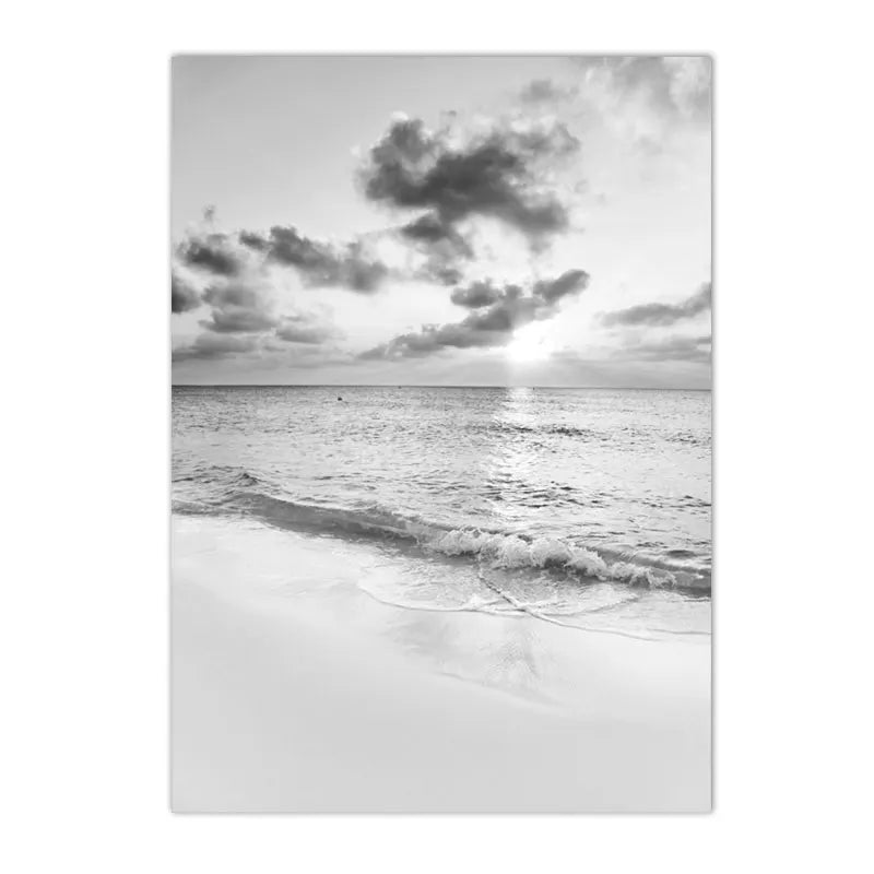black and white beach scene girl holding surfboard canvas