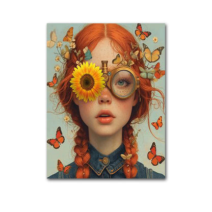 boho portrait woman with glasses flowers and butterfly canvas