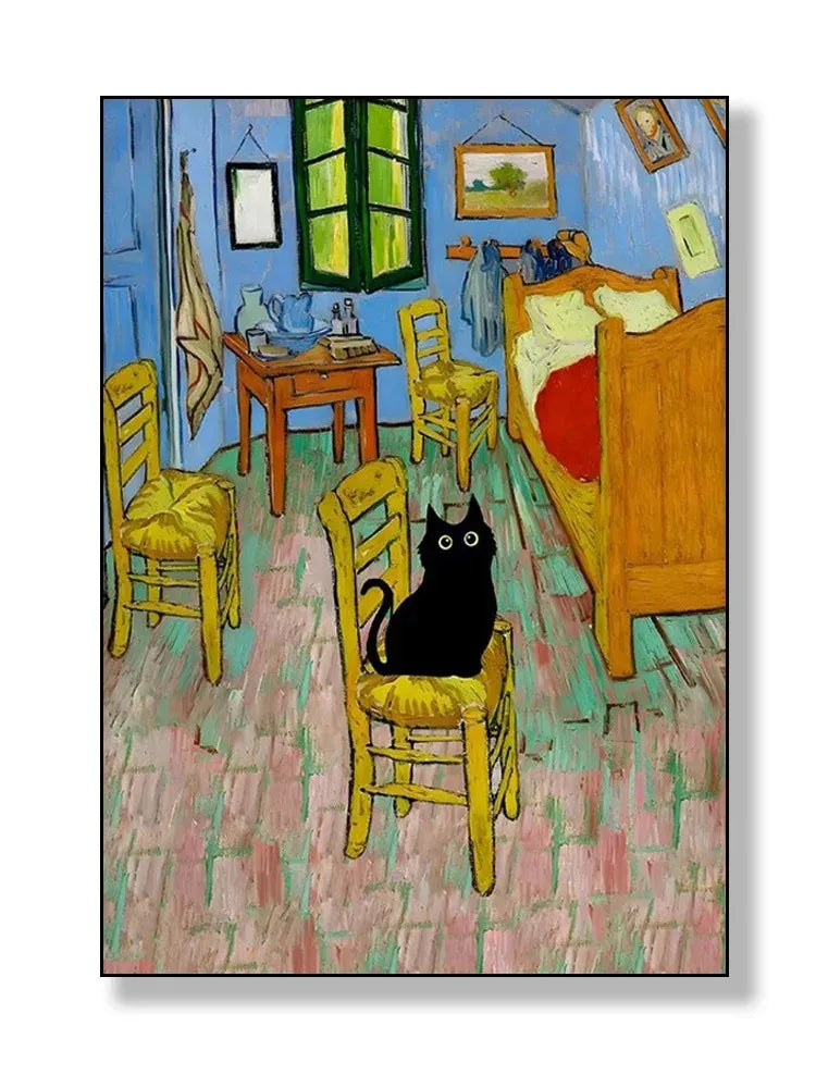 black cat with impressionist water lilies canvas wall art