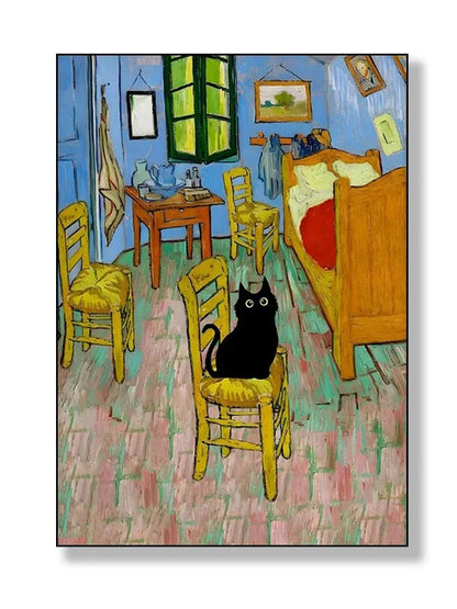 black cat with impressionist water lilies canvas wall art