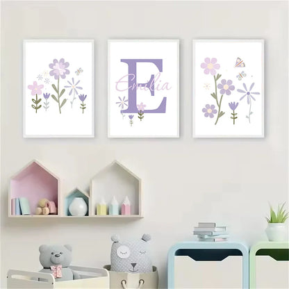 purple floral butterfly nursery canvas with custom baby name