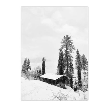 black and white winter ski scene with dog deer and snowy forest on canvas