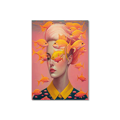 whimsical illustration of a girl wearing glasses standing in water on canvas