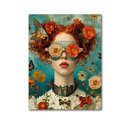 boho portrait woman with glasses flowers and butterfly canvas