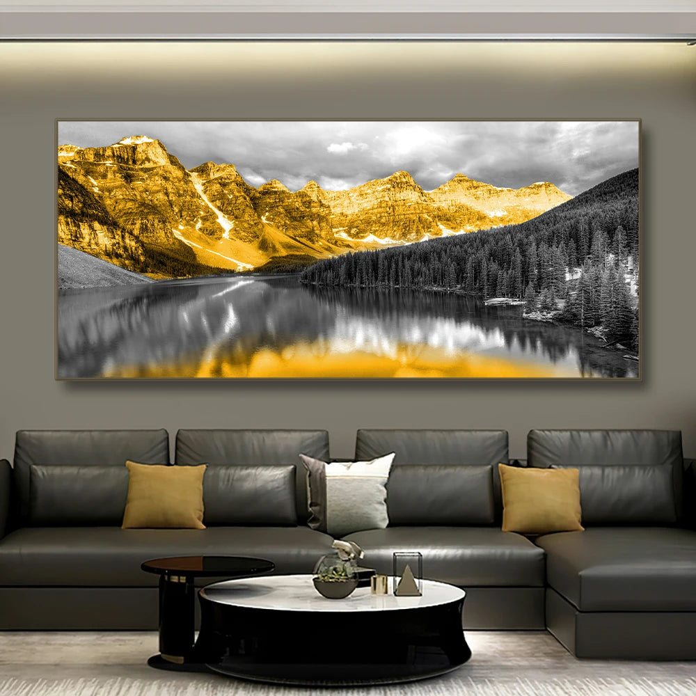 Golden mountains reflected in black lake modern landscape canvas wall art