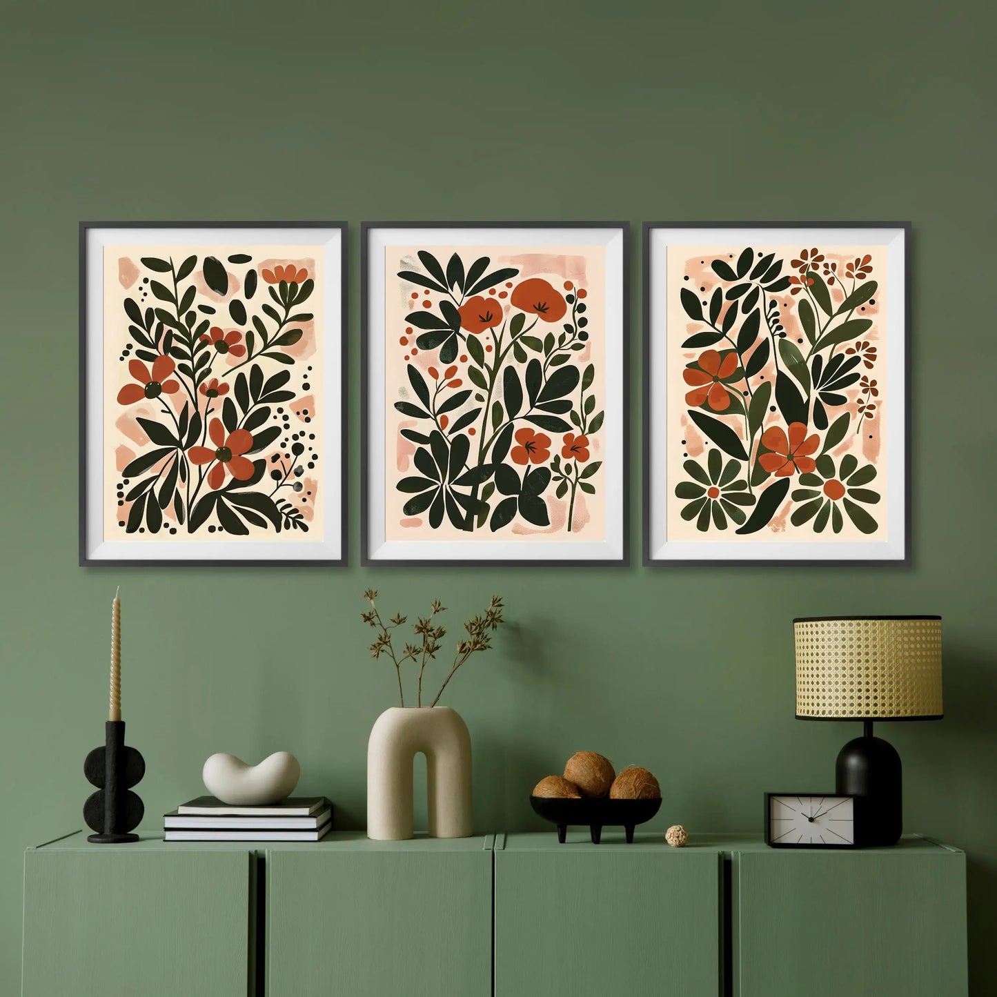 Three-piece boho abstract flower botanical canvas wall art