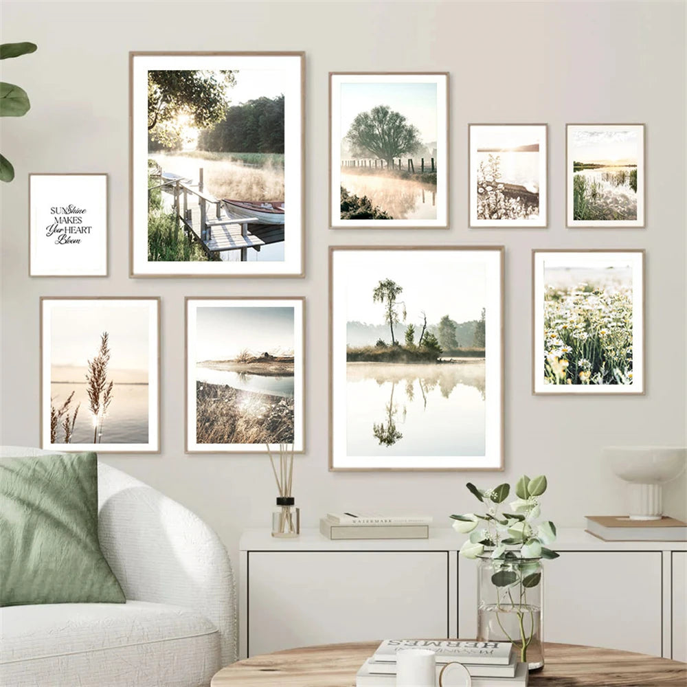 spring lake sunrise with reed grass and tree Nordic canvas wall art