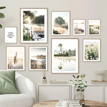 spring lake sunrise with reed grass and tree Nordic canvas wall art