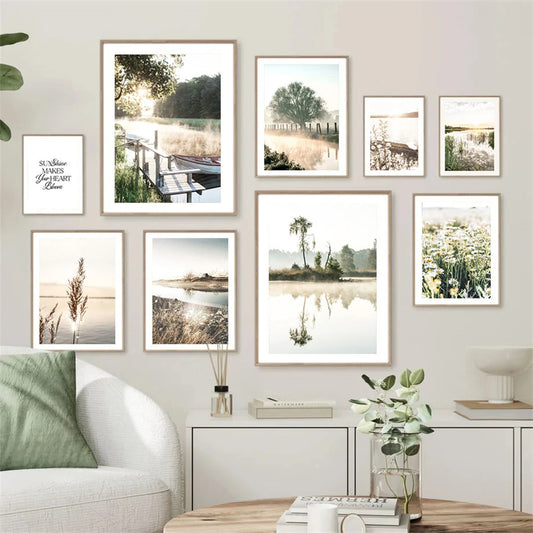 spring lake sunrise with reed grass and tree Nordic canvas wall art