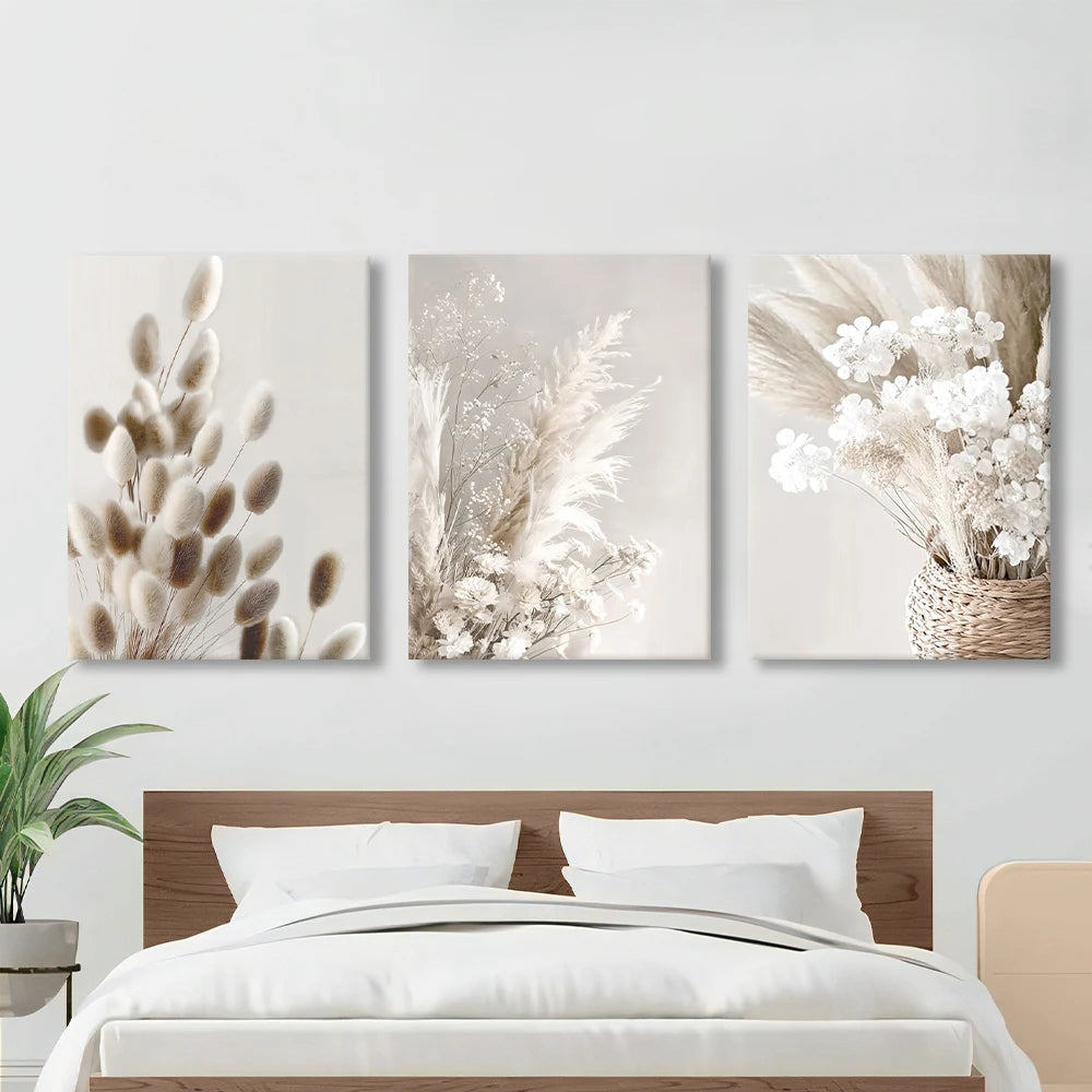 Beige floral bohemian botanical landscape canvas wall art