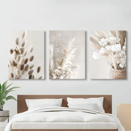 Beige floral bohemian botanical landscape canvas wall art