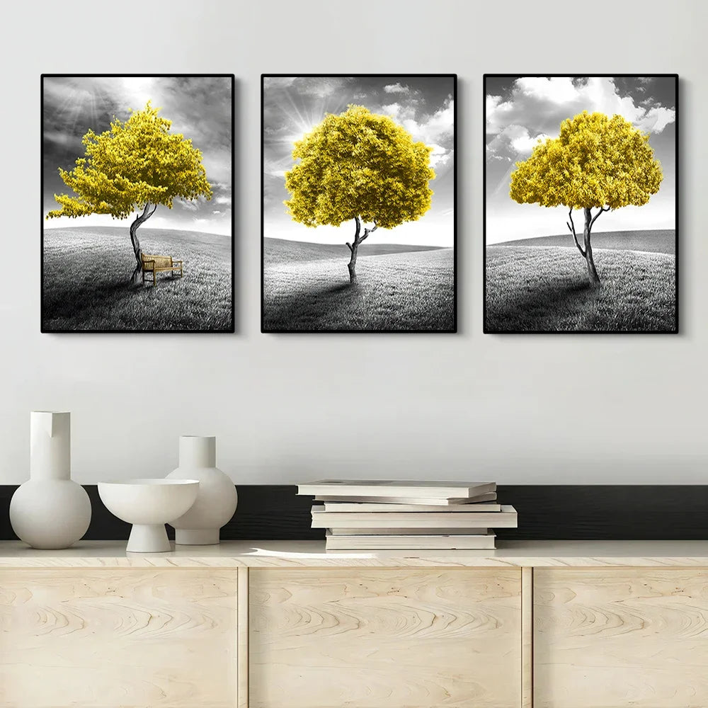 Three-piece abstract yellow tree canvas wall art