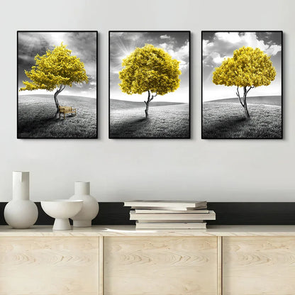 Three-piece abstract yellow tree canvas wall art