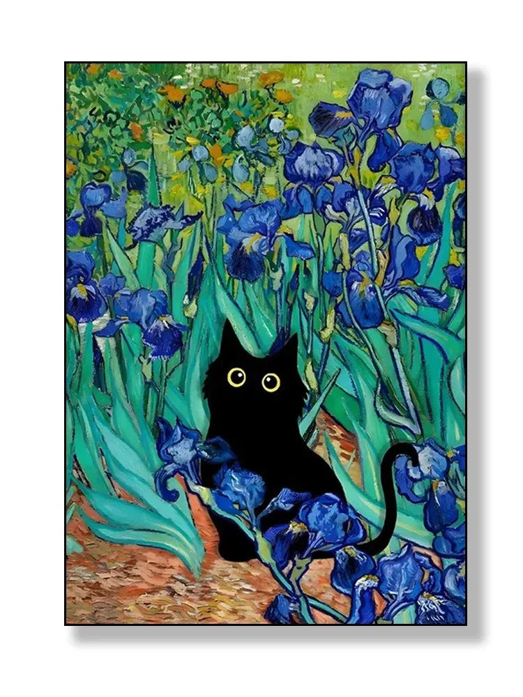 black cat with impressionist water lilies canvas wall art