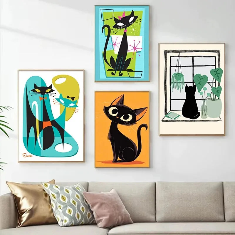 Colourful Black Cat Scenery Abstract Canvas