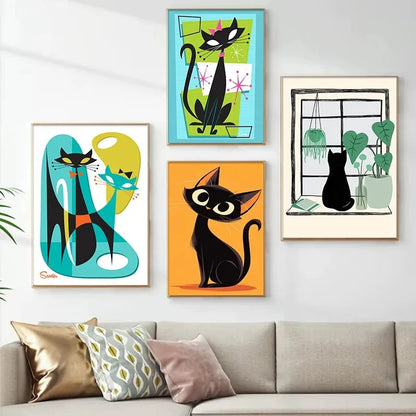 Colourful Black Cat Scenery Abstract Canvas