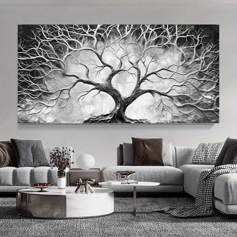 minimalist tree of life with black and white scandinavian forest canvas