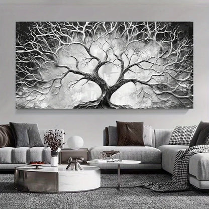 minimalist tree of life with black and white scandinavian forest canvas