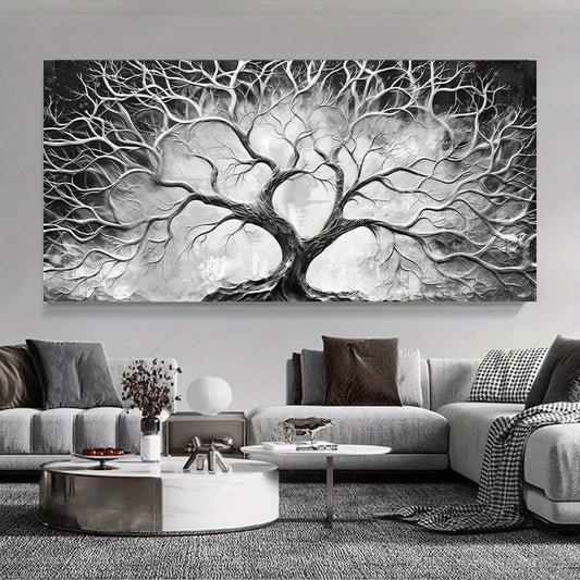 minimalist tree of life with black and white scandinavian forest canvas